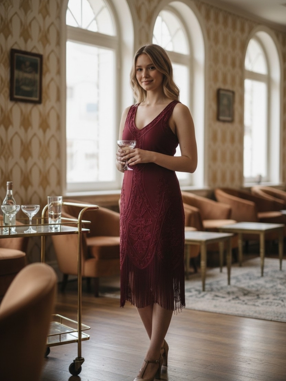 Women's Burgundy Lace Fringe Midi Dress